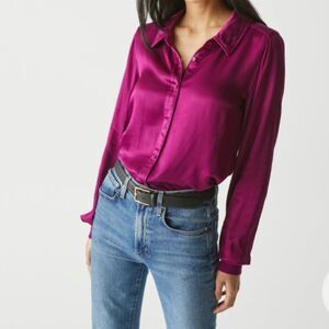 New Michael stars Meredith Satin Button Down Long Sleeve Berry Magenta Purple
